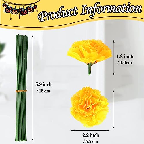 Yellow Artificial Marigold Flowers Bulk 50 Pcs for Day of the Dead Decorations - Faux Silk Floral Stems