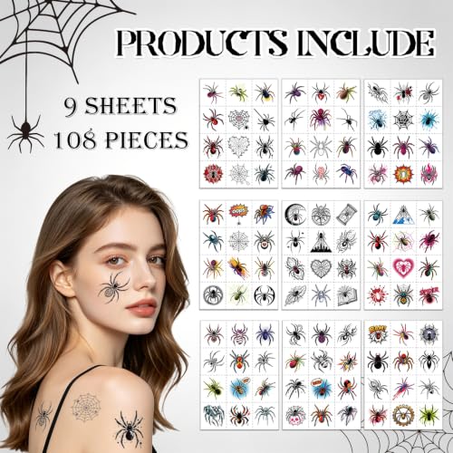 Glitter Halloween Spider Temporary Tattoos for Kids & Teens, 108 Pieces
