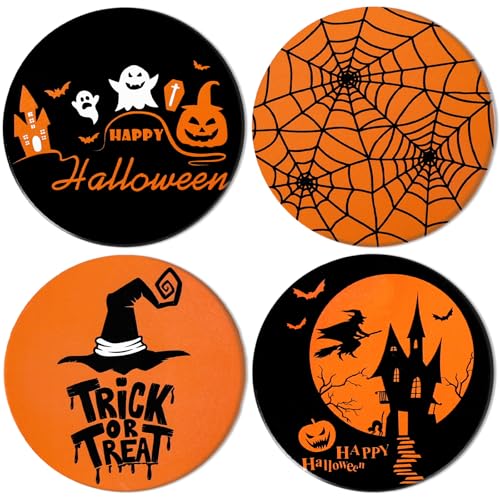 Halloween Ceramic Coasters Set - Orange and Black Trick or Treat Drink Mats for Table Protection