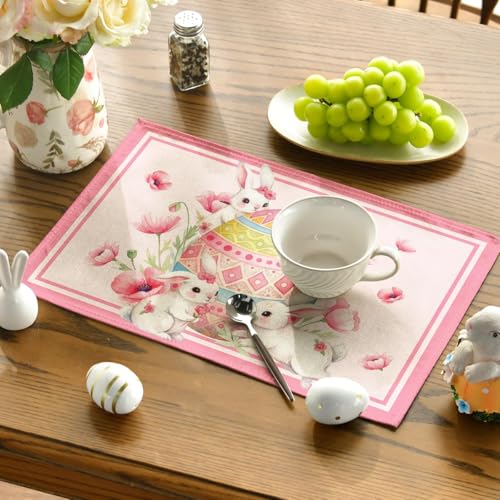 Easter Bunny Eggs Poppy Placemats Set of 4 - Spring Holiday Table Decor