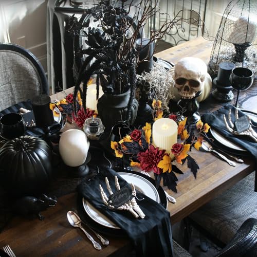 Halloween Candle Ring with Red Flowers and Maple Leaves - Fall Centerpiece Decor
