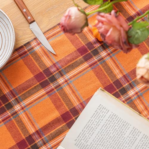 Plaid Fall Thanksgiving Table Runner - Orange Red 13x48 Inches - AQOTHES