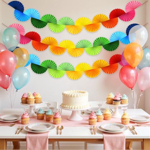 Rainbow Paper Fan Garland 15.6ft - 3 Pack Ceiling Decor, Party & Event Backdrop