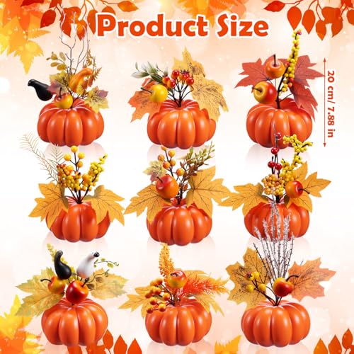 Set of 9 Fall Pumpkin Centerpieces with Berries and Maple Leaves for Thanksgiving and Halloween Decor
