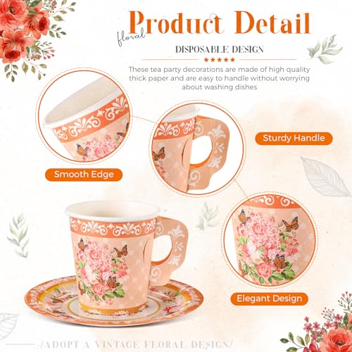 Disposable Floral Paper Tea Cups & Saucers Set - 7 oz Orange for Tea Party