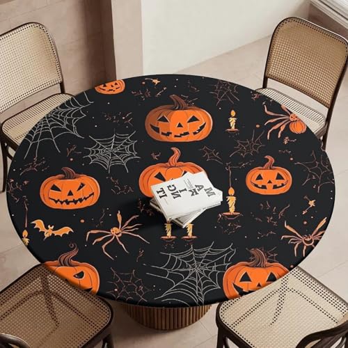 Halloween Pumpkin Spider Fitted Round Tablecloth 40-44 Inch Waterproof & Wipeable