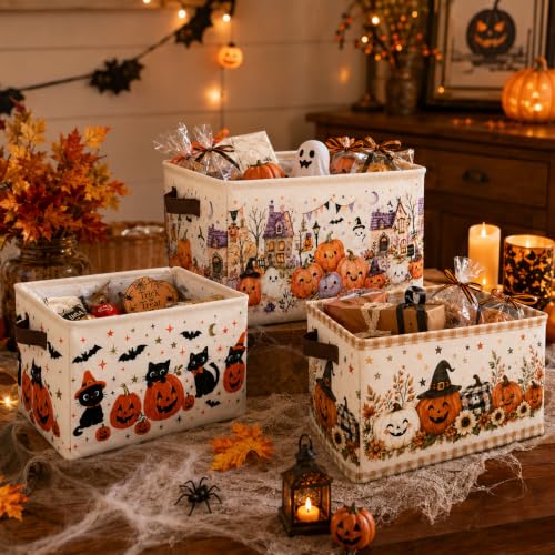 Beige Halloween Foldable Canvas Storage Baskets with Handles - Set of 3