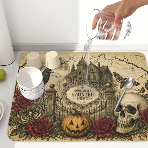 Ghost Skull Halloween Dish Drying Mat - 18x24 Inch Absorbent Microfiber Kitchen Mat