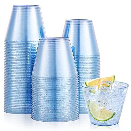 Blue Glitter Disposable Plastic Cups 9 oz - 100 Pack, Elegant Party Tumblers