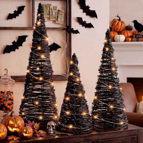 Halloween Rattan Cone Trees Set - Lighted Black Decor for Haunted House, 24/16/12 Inch - Variation: Black / Halloween