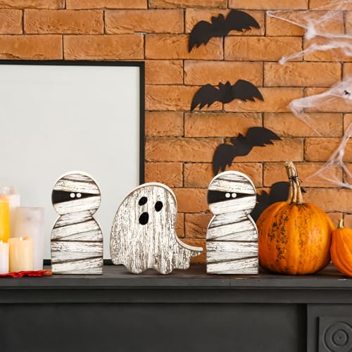 Halloween Mummy and Ghost Wooden Signs Decor Set - Spooky 3D Table Decorations
