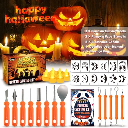 Halloween Pumpkin Carving Kit with Stainless Steel Tools & Candles - 35 Pieces for Kids & Adults