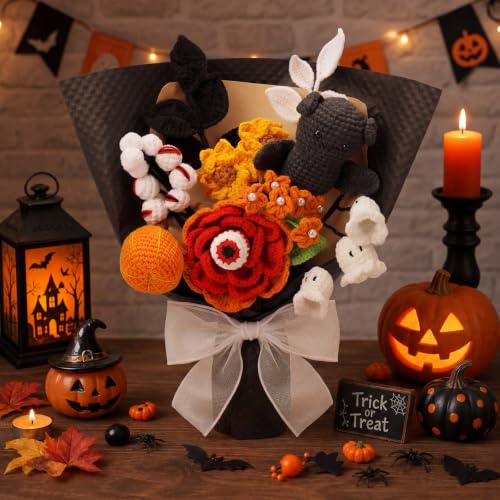 Halloween Crochet Flower Bouquet with Bats Ghost Pumpkin - 14.6 x 11.8 Inches