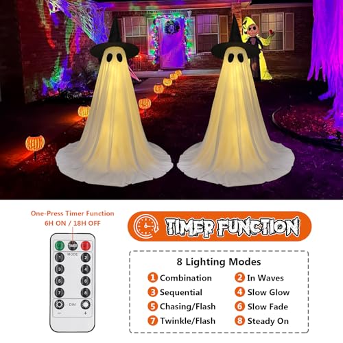 Standing Ghost Halloween Decorations 2 Pack - 5FT Lighted Spooky Outdoor Ghosts with Remote