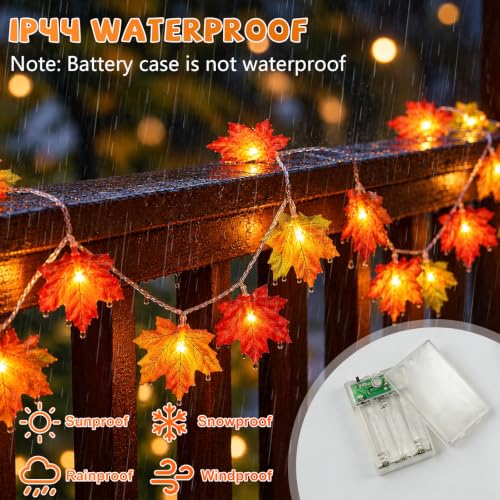 Lighted Fall Garland with 4-Color Maple Leaves - 20ft Battery-Operated Halloween Thanksgiving Decor - 2 Pack