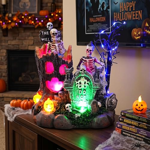 Lighted Halloween Village Scene with Skeleton Trees and Gravestones - Spooky Decor for Home & Party