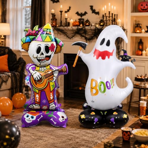 Halloween Standing Ghost and Sugar Skull Foil Balloons Set - Reusable Party Decor