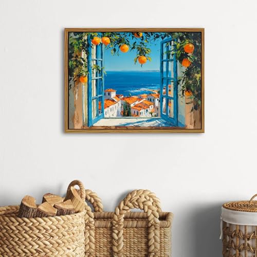 Mediterranean Wall Art Canvas - Blue Seascape & Coastal Landscape, 12x16 inches - Framed Beach Decor for Living Room & Bedroom