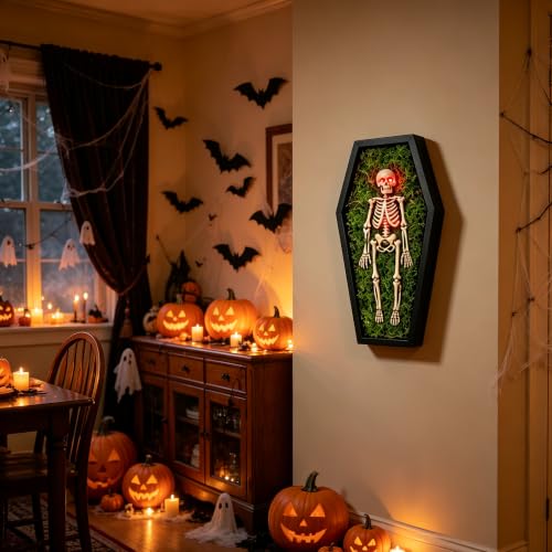 Halloween Skeleton Wall Art with Glowing Eyes - Black/White Full Body Skeleton Decor