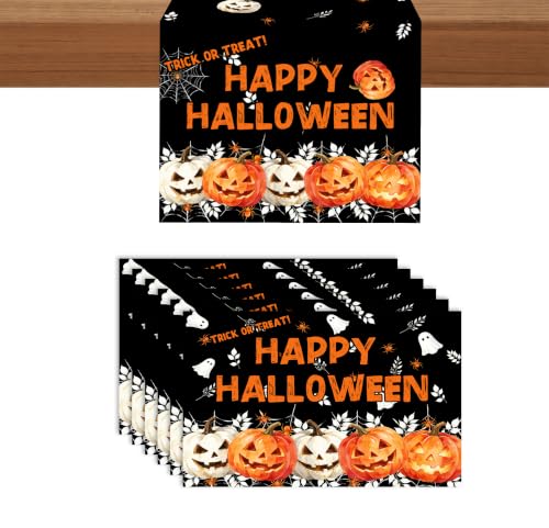 Halloween Pumpkin Ghost Table Runner & Placemats Set of 6 - 70 Inches
