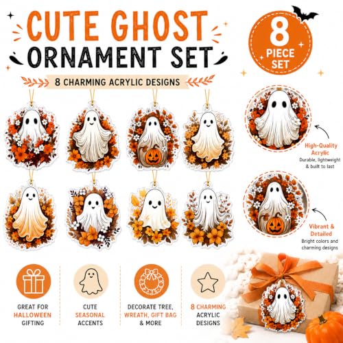 Fall Ghost Flower Halloween Thanksgiving Tree Ornaments - 8 Pcs, Acrylic, Indoor Decor