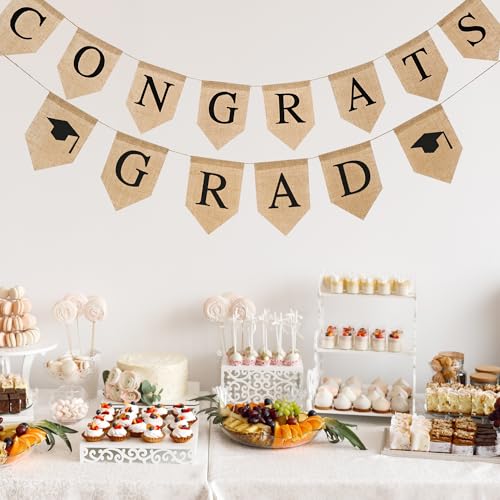 Black Graduation Burlap Banner 2026 - Congrats Grad Garland Rustic Party Decor