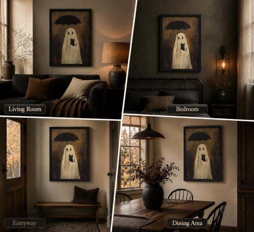 Ghost and Black Cat Wall Art - Framed Halloween Moody Scene 16x12 Inches