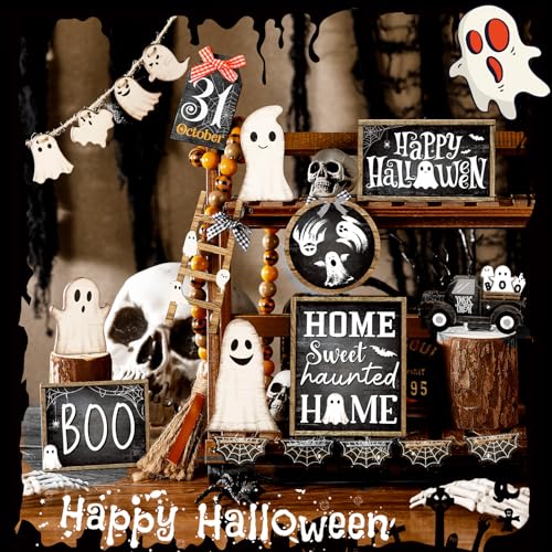Halloween Wooden Tiered Tray Decorations Set Ghost Black & White - MiniInflat