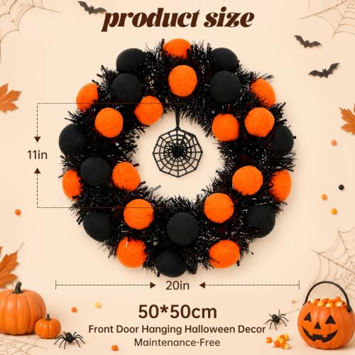 20-Inch Halloween Wreath for Front Door - Black & Orange, Foldable Design