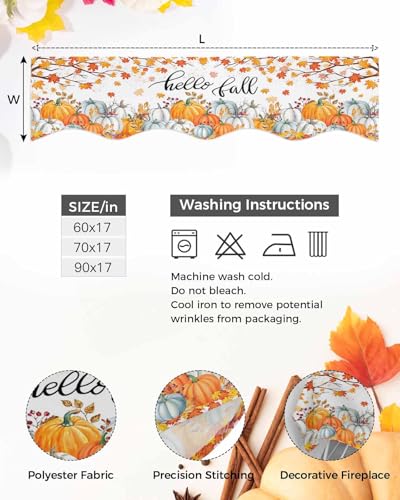 QueenKer Hello Fall Fireplace Mantel Scarf 70x17 Dark Orange Pumpkin & Maple Leaves