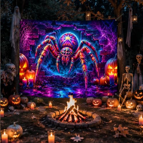 Neon Spider Halloween Banner - 71x91 Inches Polyester, Party Decor, Spooky Yard Display