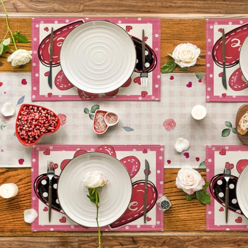 Pink Valentine's Dot Hearts Love Placemats Set of 4 - 12x18 Inch Rectangular Table Mats