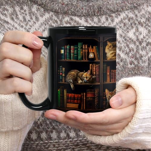 Cat Book Mug - Book Lover Gift, 15oz Coffee Cup for Readers & Cat Enthusiasts