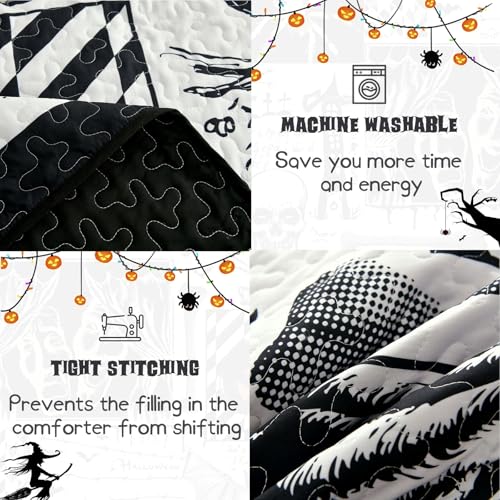 King Size Halloween Quilt Set Black Patchwork with Pumpkin Ghost Design - Luxudecor