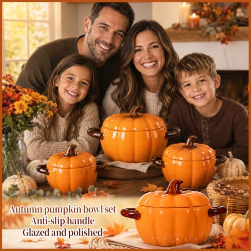 Ceramic Pumpkin Bowls Set of 5 Soup & Dessert Serving Dishes with Lids & Spoons
