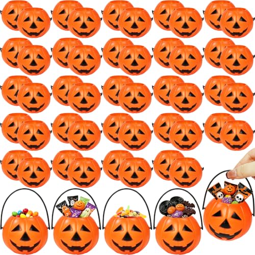 50 Pack Mini Portable Pumpkin Buckets for Halloween Candy - 2.6 Inch