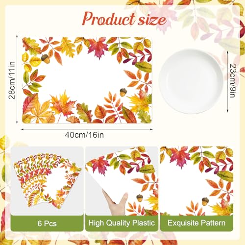 Yellow Maple Fall Plastic Placemats Set of 6 - Wipeable Autumn Table Decor 11x15.7 Inches