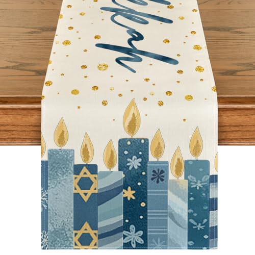 Polka Dot Watercolor Candles Hanukkah Table Runner - 13x72 Inch Home Decor