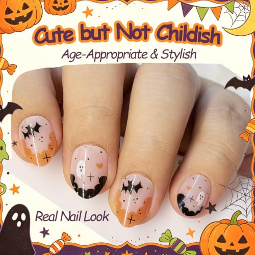 Kids Halloween Creeps French Tips - 24 Press-On Nails for Girls 6-12, Spooky Bat & Ghost Design