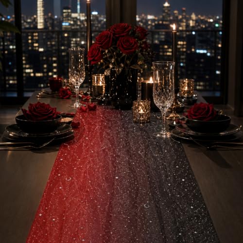 Black & Red Sequin Sheer Table Runner 120 Inch - 6pcs, Gauze Tulle Holiday & Wedding Decor