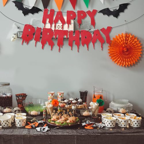 Halloween Happy Birthday Banner - Bloody Style Glitter Bat, Red