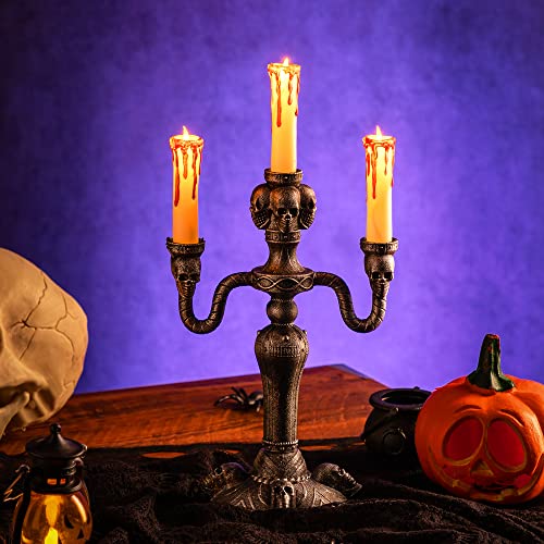 Skull Candelabra Halloween Decorations - 2 LED Flameless Candle Holders, Indoor Haunted House Decor