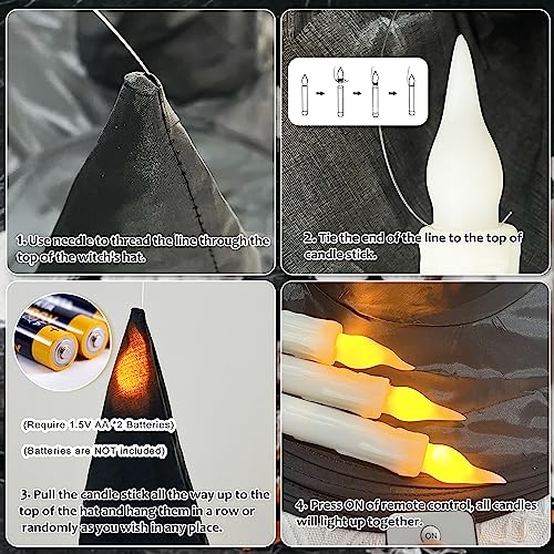 Lighted Floating Witch Hats Halloween Decor Set - 12 Pieces with Candles & Bats
