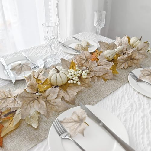 White Fall Garland with Lights - 6Ft Autumn Leaves & Pumpkins for Home Decor - Halloween & Thanksgiving Indoor Outdoor