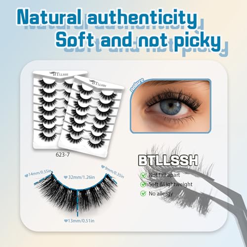 False Eyelashes 3D Fluffy Wispy Natural Look - 14 Pairs, Short D Curl, Russian Strip - O-3D623
