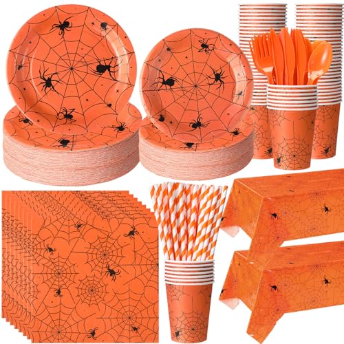 Halloween Spider Web Party Supplies Set with Orange & Black Theme - 452 pcs for 50 Guests
