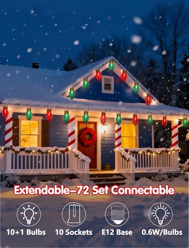 16FT Jumbo Red and Green Christmas Lights Outdoor Giant Christmas Decorations with 10 LED Clear Red Green Bulbs - Variation: LED Clear Red Green