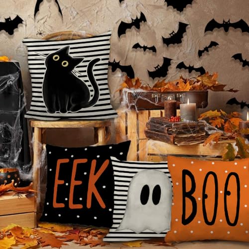 Multicolor Halloween Pillow Covers 18x18 Inch Set of 4 Ghost and Cat Decor