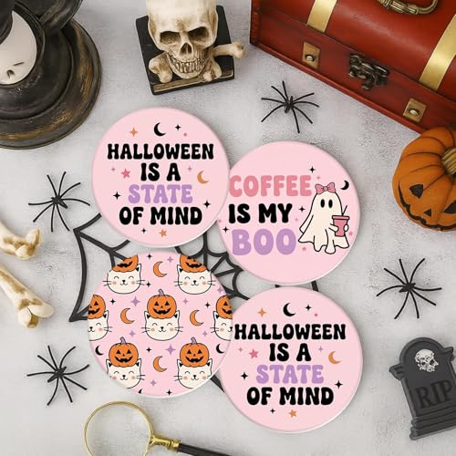 Halloween Coasters Set of 6 - Ceramic Pink Ghost Drink Protectors with Cork Bottom & Holder