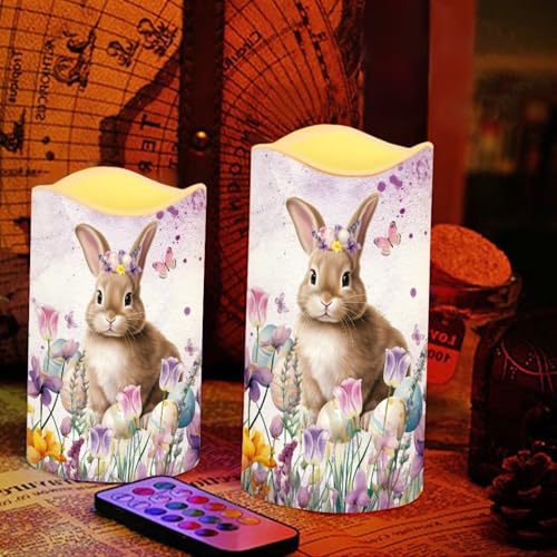 Easter Bunny Purple Floral Flameless Candles Set with Remote & Timer - Color Changing LED Pillars